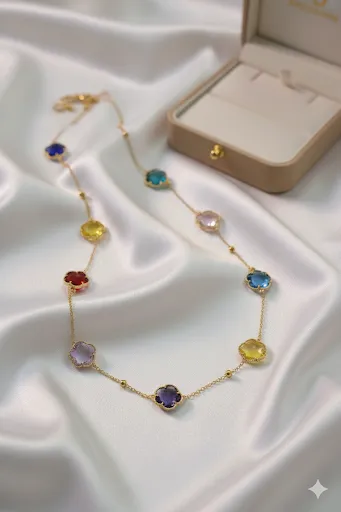 Sautoir trèfle multicolore  en acier inoxydable