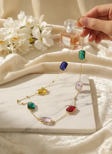 Sautoir perle rectangulaire multicolore en acier inoxydable